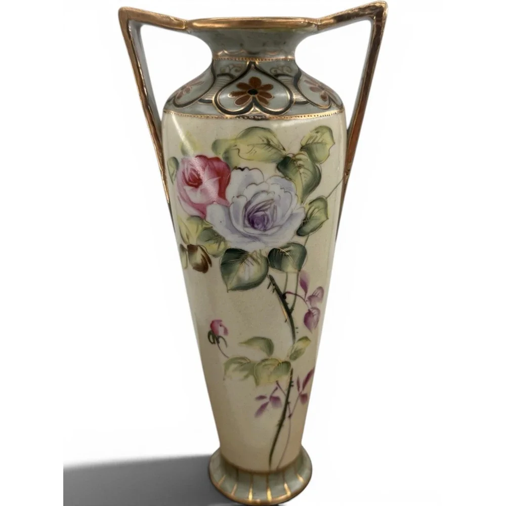 Double Handle Vase Antique Hand Painted Nippon Floral Roses Gold Gilt Porcelain